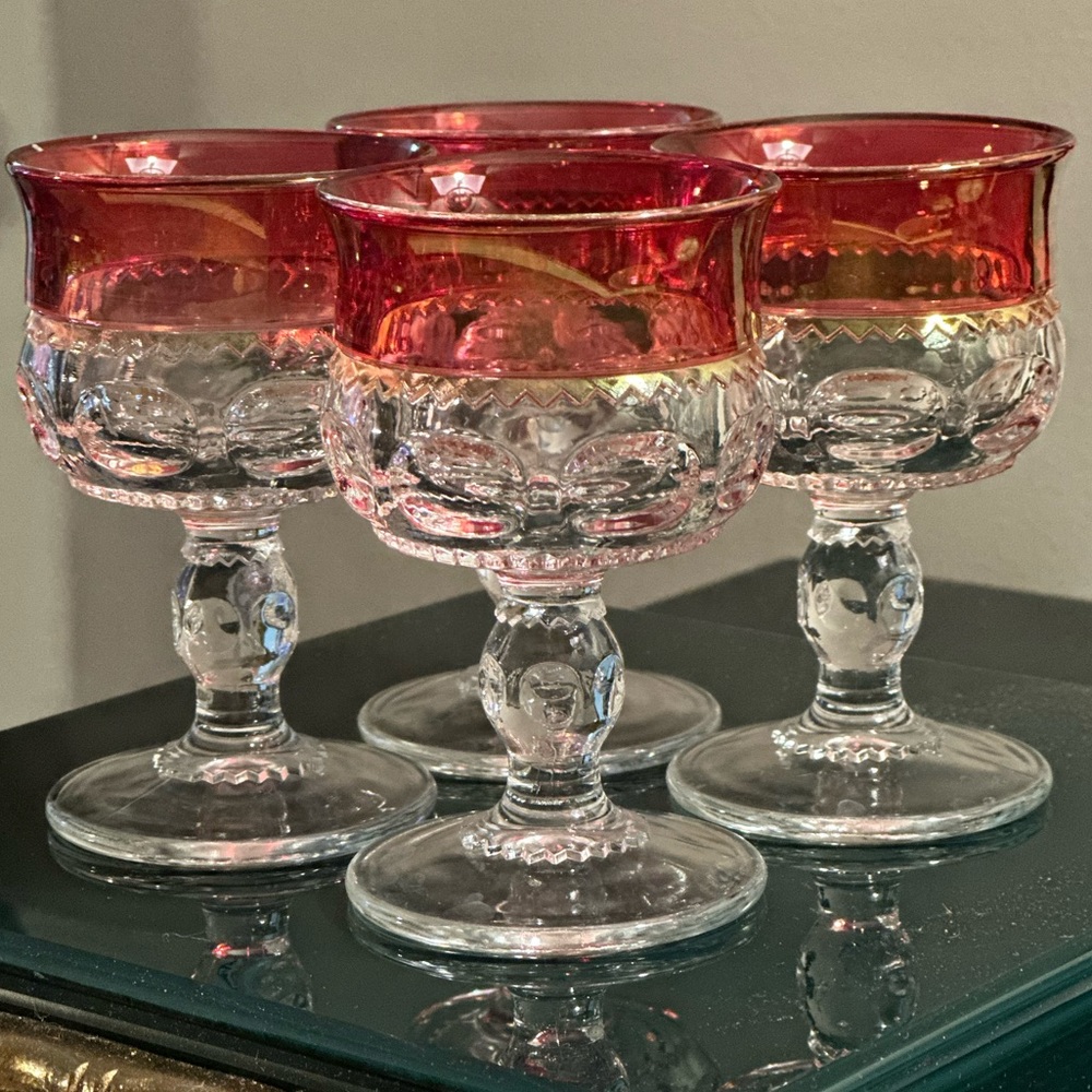 Two Vintage Tiffin Kings Crown Thumbprint Ruby Red Cordial-Liqueur Shot Glasses.